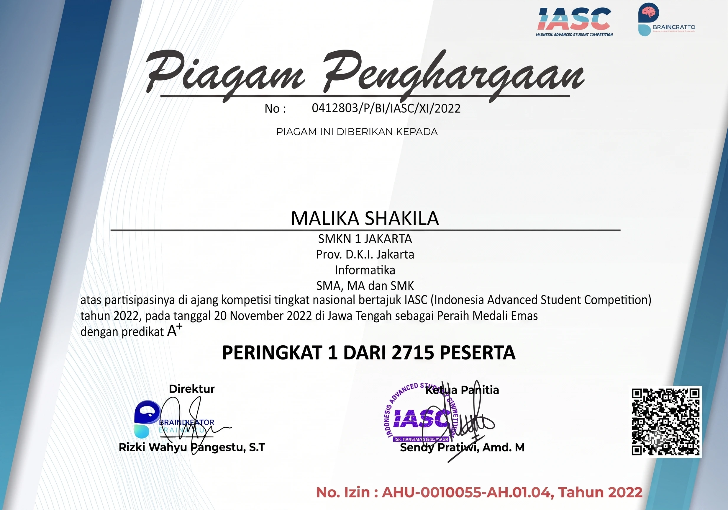 Top 1 - National Science Olympiad (Informatics) trophy